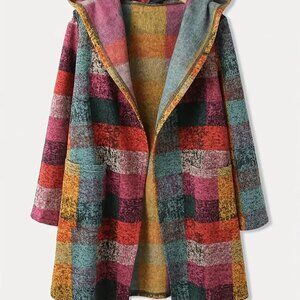 Retro Plaid Print Hooded Overlay Coat